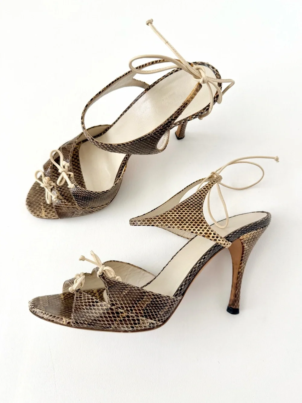 GUCCI | Vintage Snakeskin Bow Ankle Tie Stiletto Sandal Heels Brown Size 8.5B